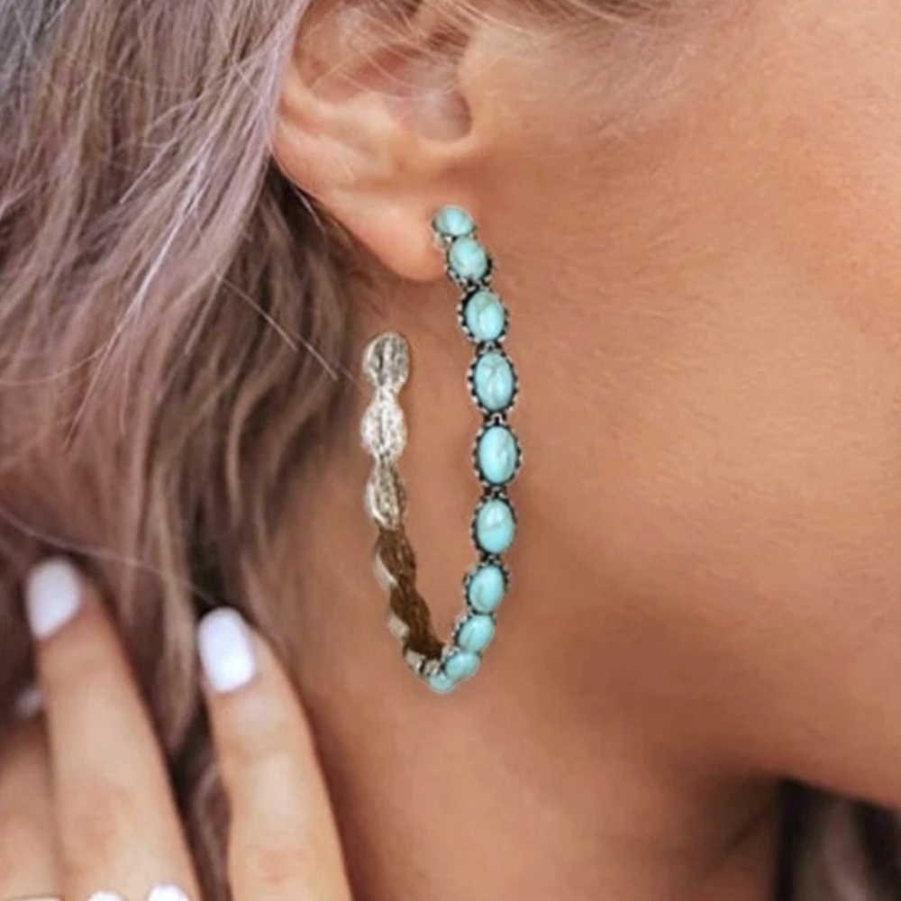 LAST TWO!! Stunning Turquoise and Silver Western Style Hoop Earrings - Picture 3 of 5